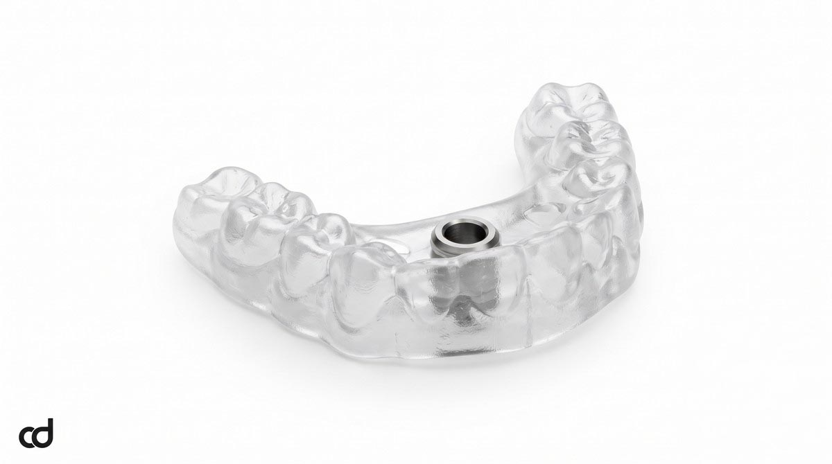 Curedent single implant surgical guide showing clear tooth-supported surgical template body, inspection windows, and titanium master sleeve for prosthetically driven implantology