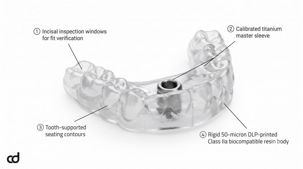 Detailed annotated product view of the Curedent guide with numbered pointers: (1) Incisal inspection windows for fit verification, (2) Calibrated titanium master sleeve, (3) Tooth-supported seating contours, (4) Rigid 50-micron DLP-printed Class IIa biocompatible resin body.